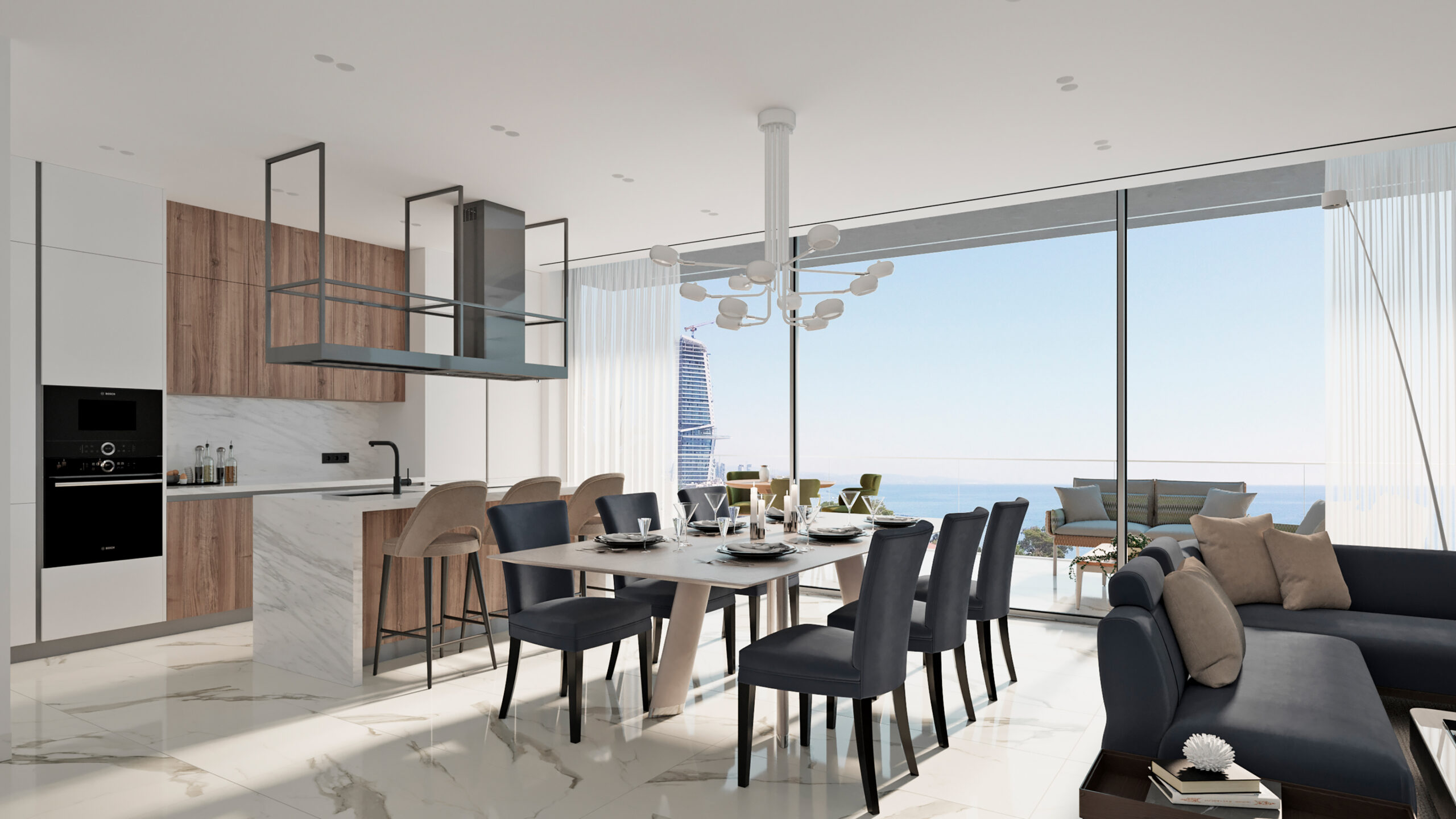 Bright minimalist apartment living room with sea-view balcony in Limassol
