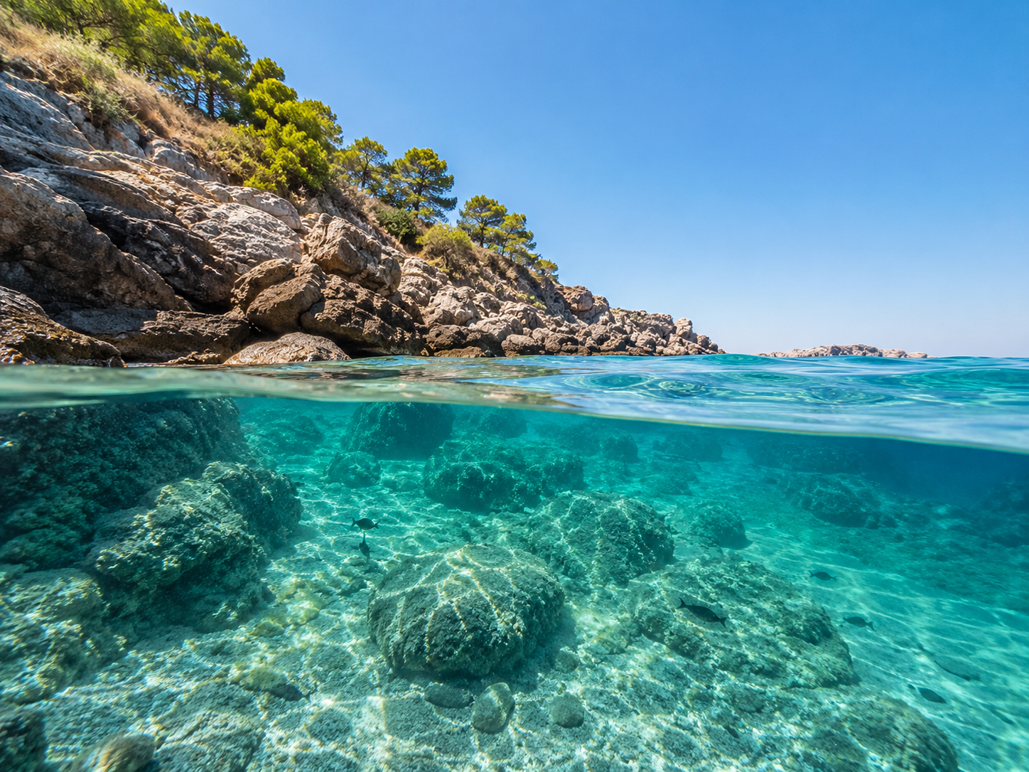 Split above-and-below water view showing crystal-clear Mediterranean sea water off a rocky coastline