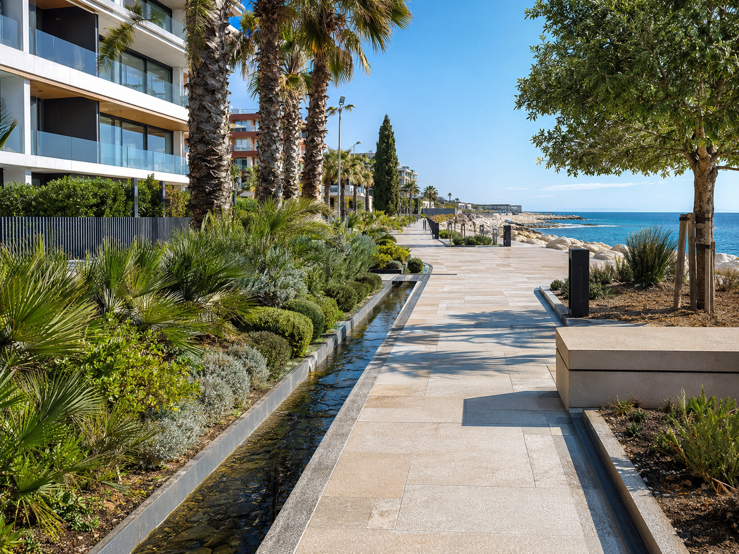  Modern coastal promenade with landscaped walkways and integrated stormwater drainage