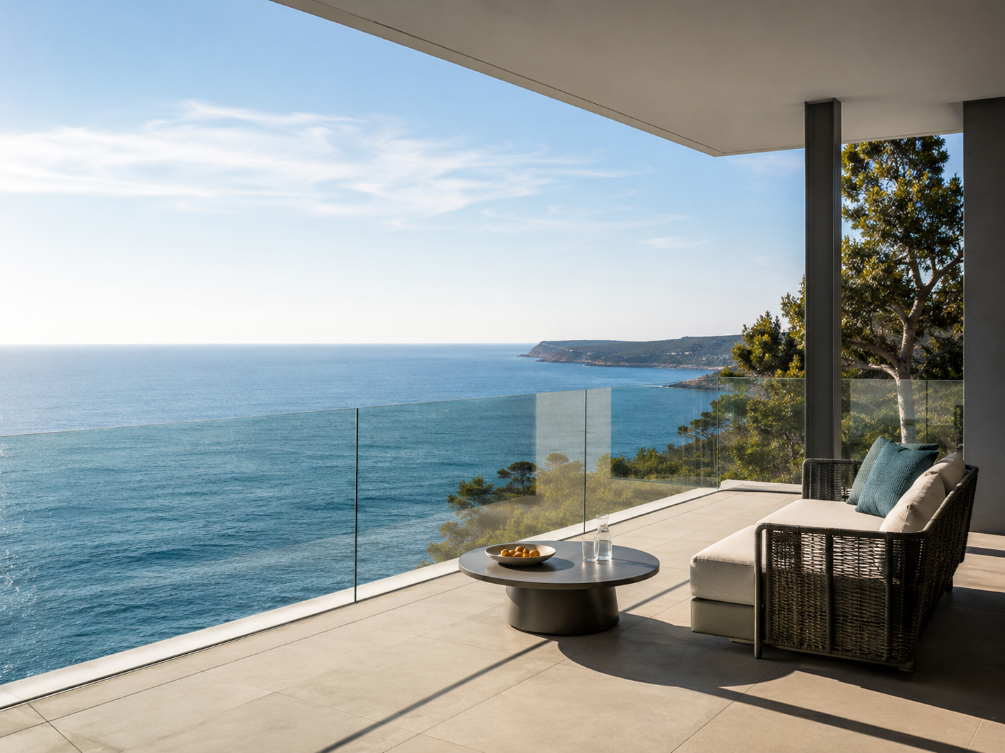 Modern balcony with glass railing overlooking the Mediterranean sea in soft morning light