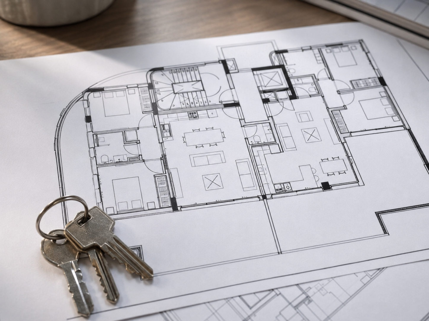 Architectural blueprints and keys, representing the property-buying process in Limassol