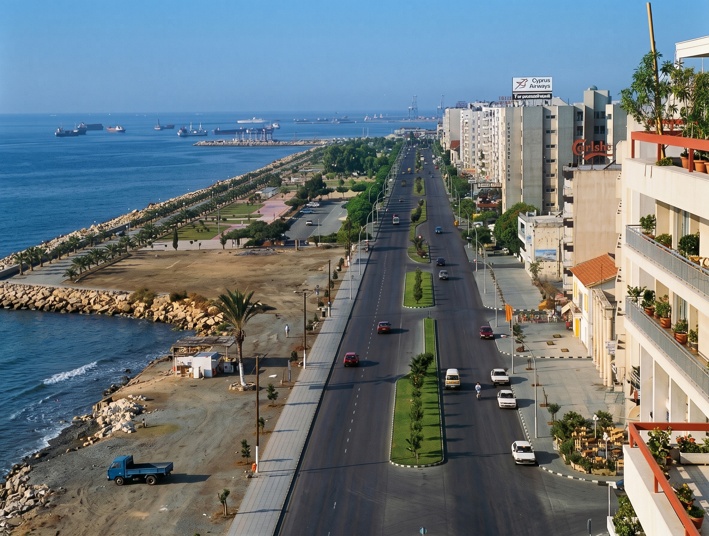 Limassol's seafront road and undeveloped Molos strip in the 1990s, before its final redevelopment