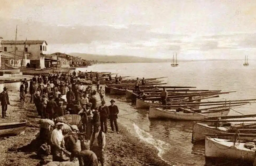 Fishermen and rowing boats on Limassol's undeveloped shoreline before the port was built