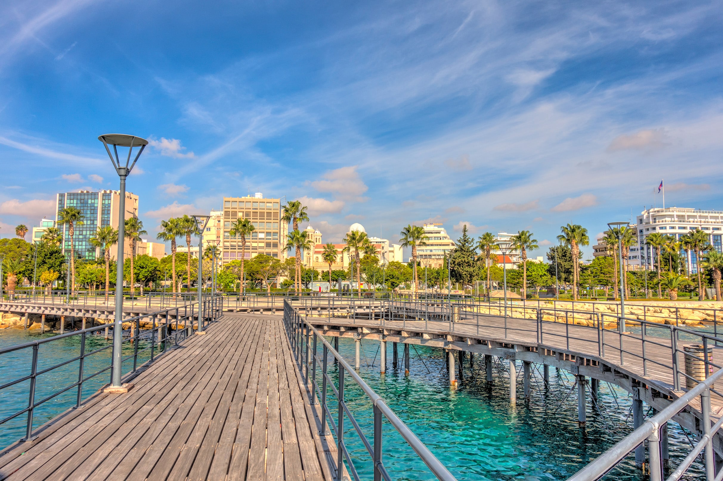 The modern timber-decked boardwalk at Molos Park, Limassol, today