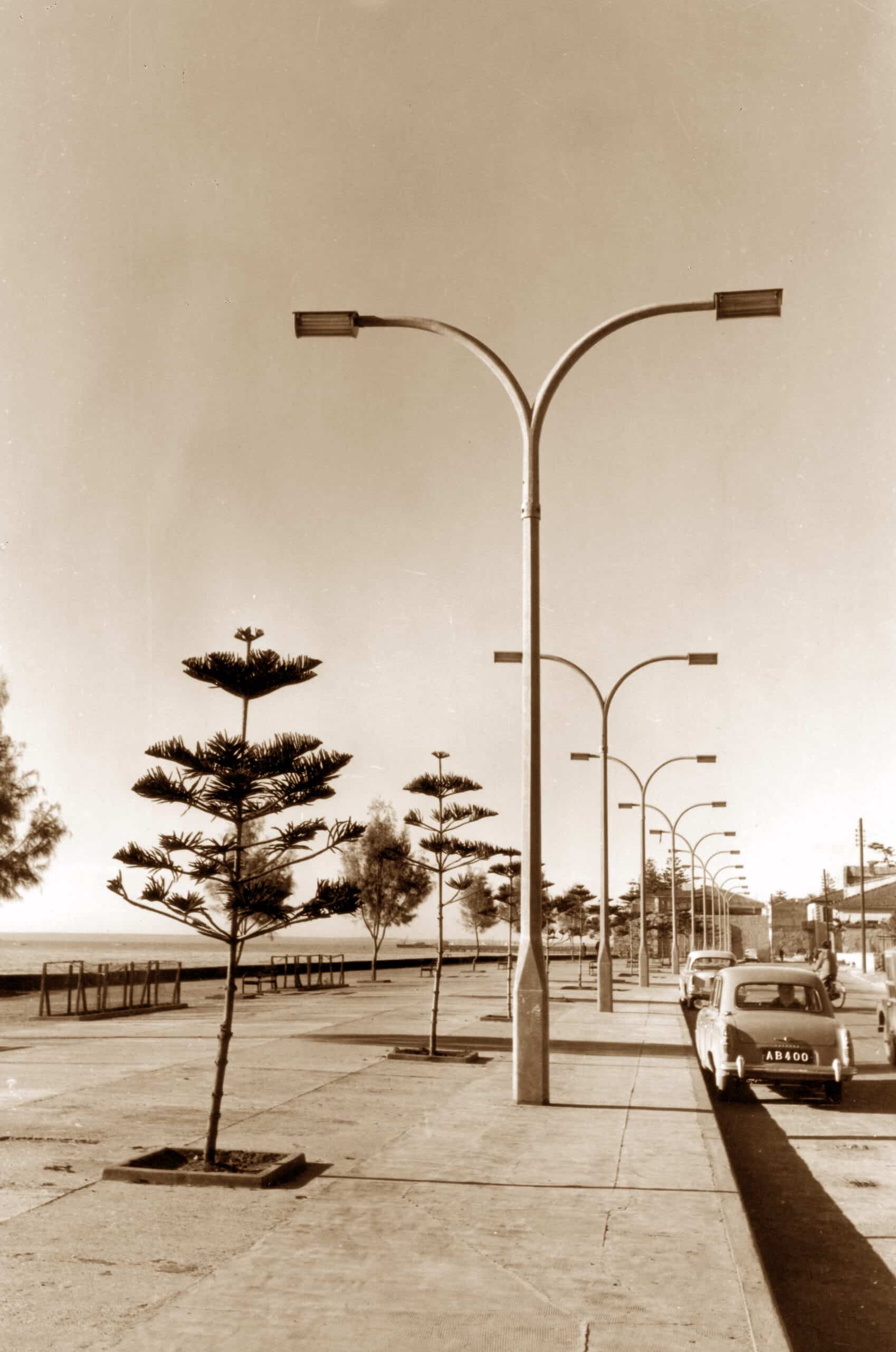 Streetlamps and young trees along Limassol's seafront promenade, mid-20th century
